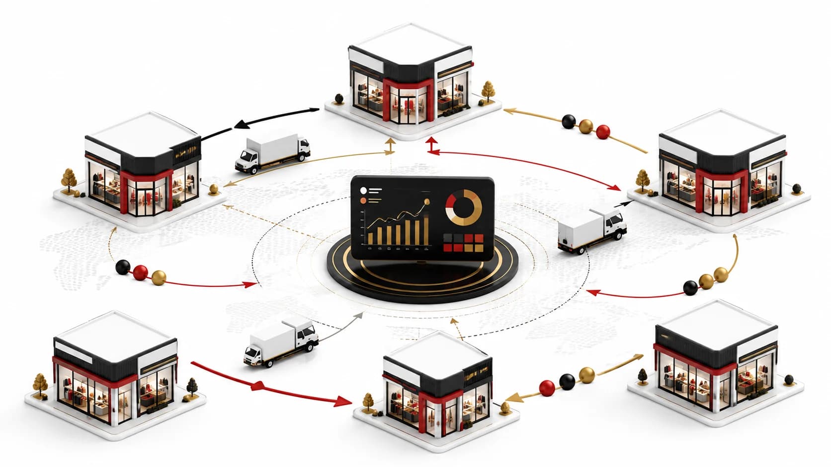 Stores exchanging stock with one another around a central planning dashboard.