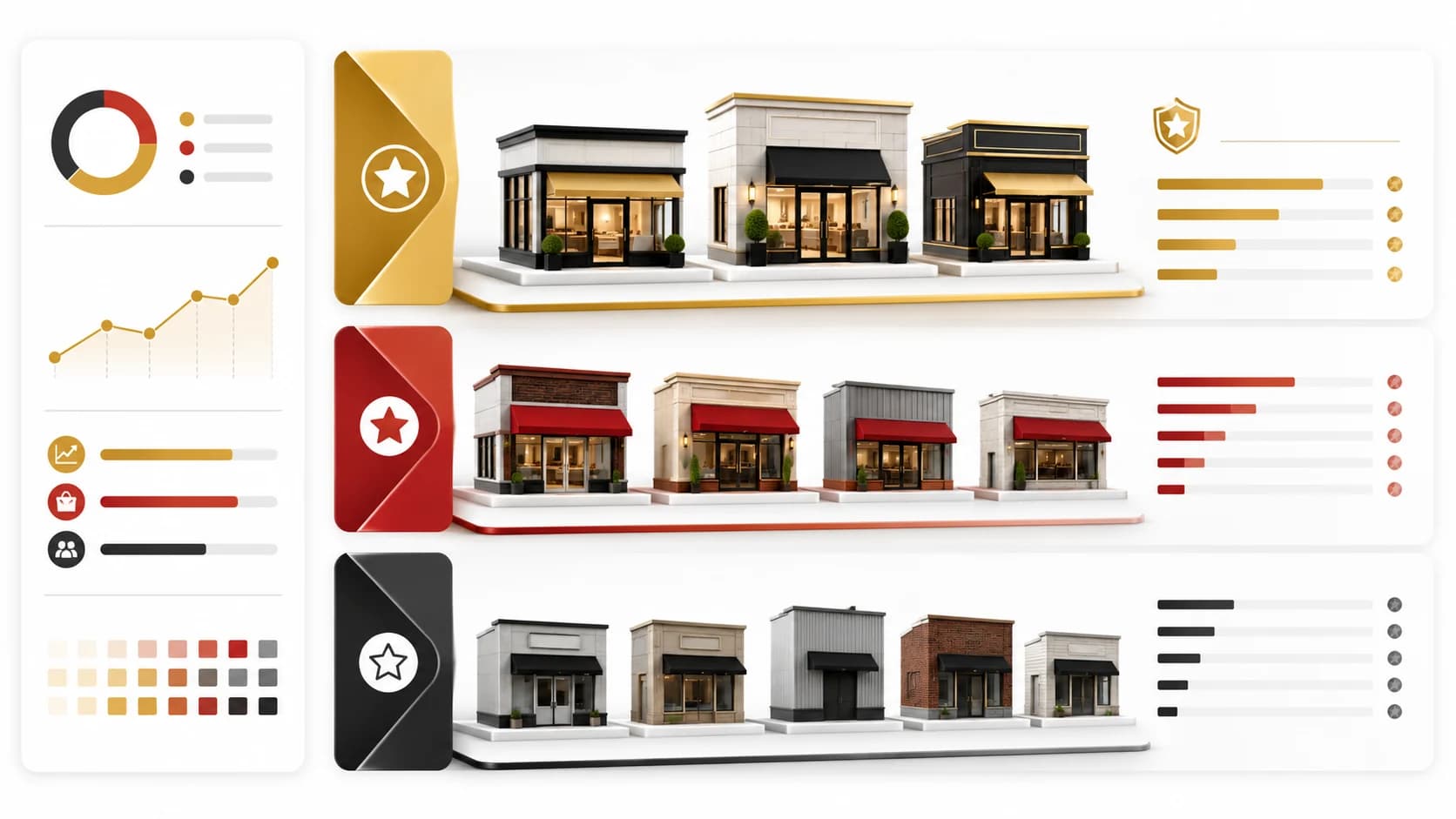 Stores grouped into gold, red and black performance tiers beside their revenue and productivity bars.